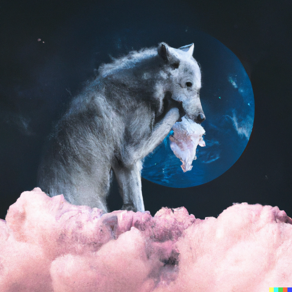 a photo of a wolf eating candyfloss at the fair on the moon